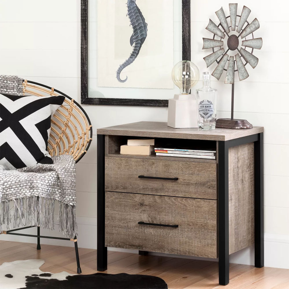 Weathered Oak and Matte Black 2 Drawer Nightstand
